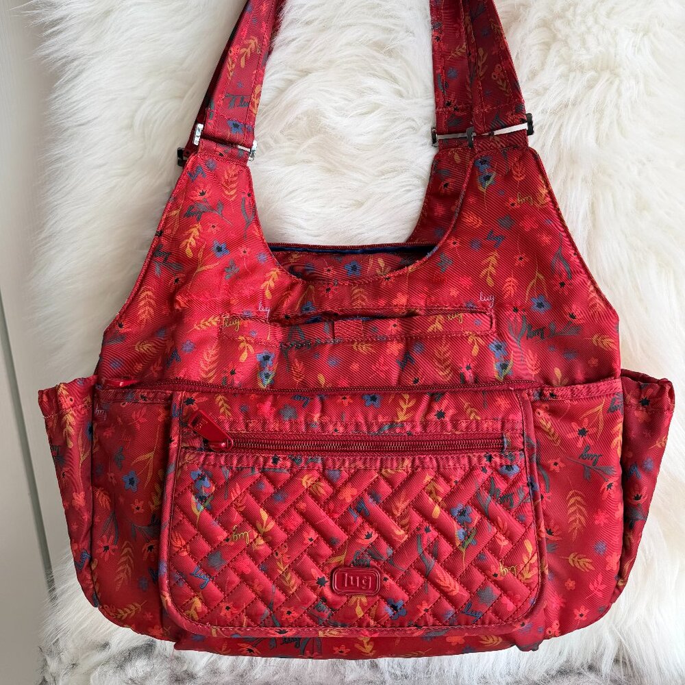 LUG Shoulder Bag / Tote – Red Floral | Quilted Front | Organizer Purse / Diaper